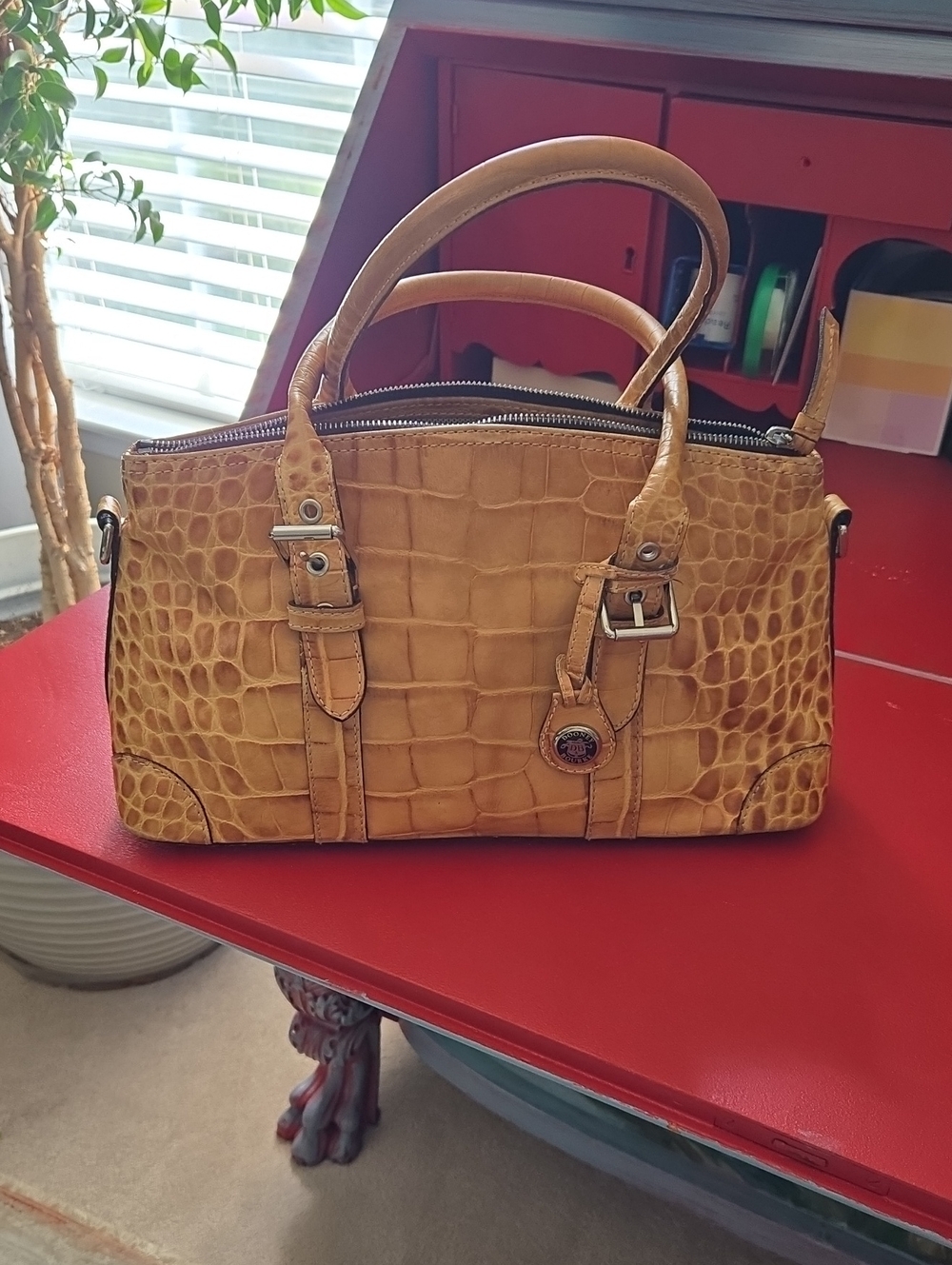 Tan Croc-Embossed Leather Satchel Handbag